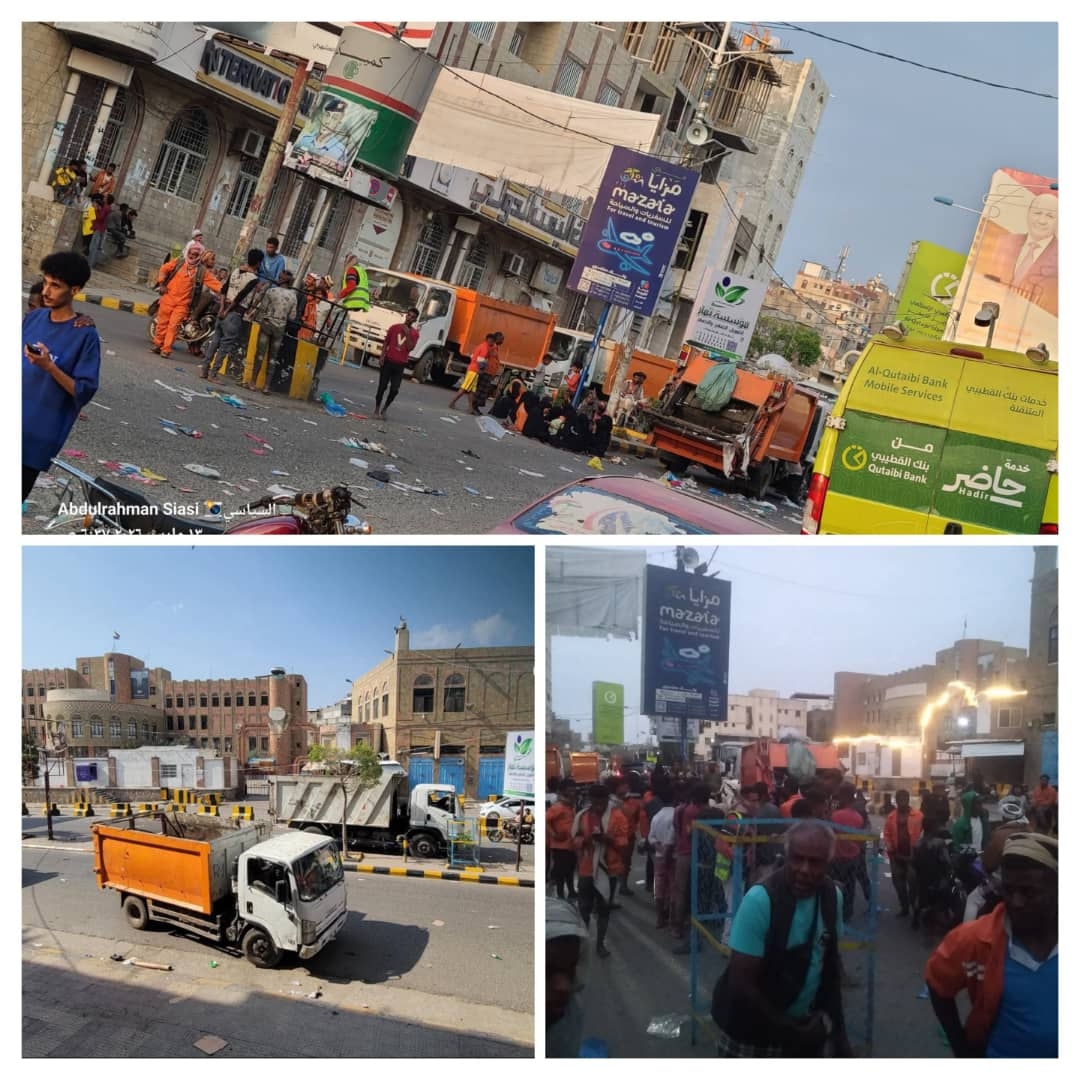 احتجاجات وإغلاق شوارع في تعز إثر إضراب عمال النظافة عقب تعسفات طالتهم